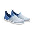 A pair of slip-on knit shoes with a light blue and white textured upper, a medium blue heel section, and a dark blue lining, set against a plain white background.