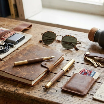 A styled flat-lay of leather and wood stationery and accessories on a rustic wooden table, including a brown leather notebook, matching leather wallet, two wooden-and-gold pens, sunglasses, keys, and a camera strap.