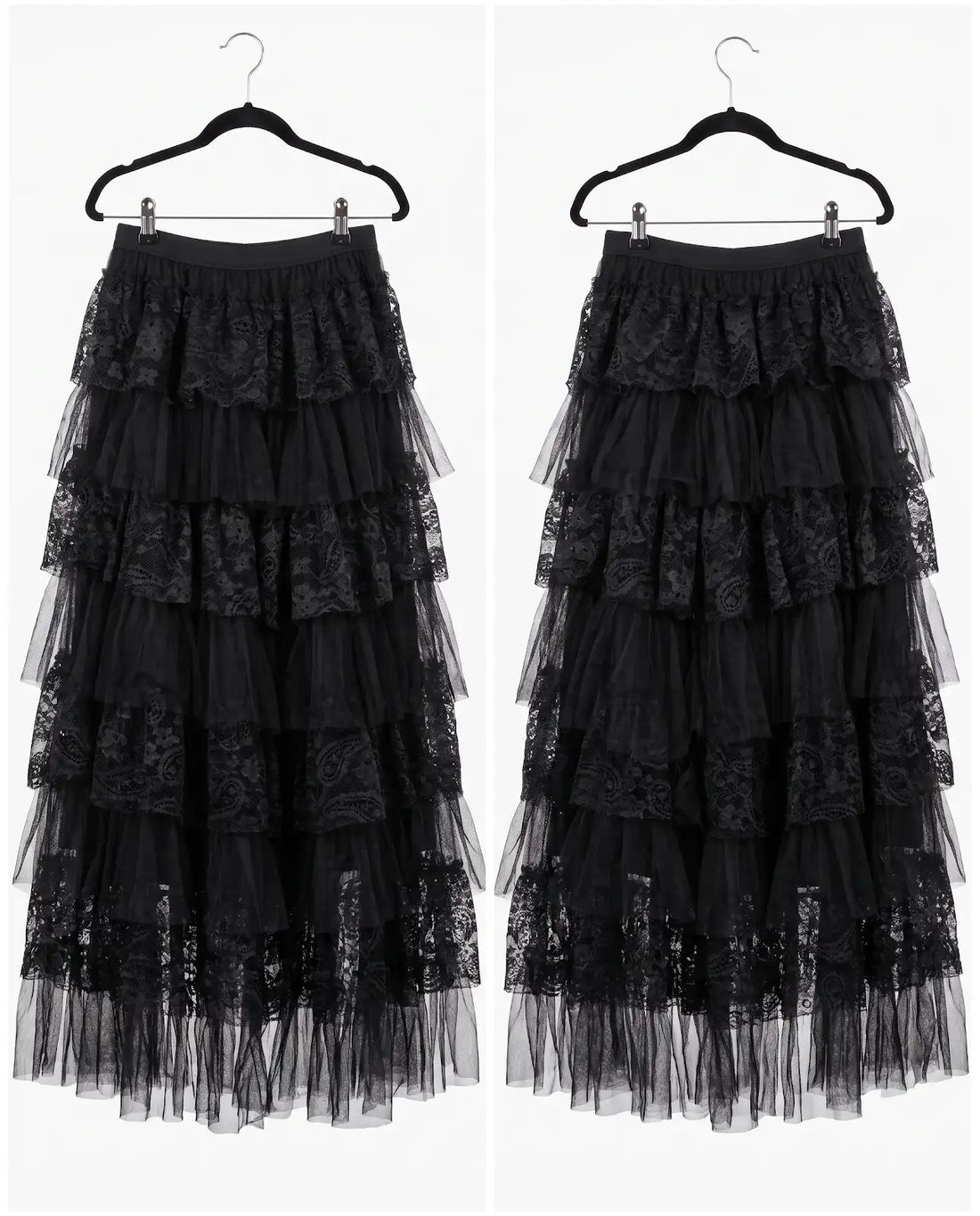 A black tiered tulle skirt with lace trim, shown from the front and back on black hangers against a white background.