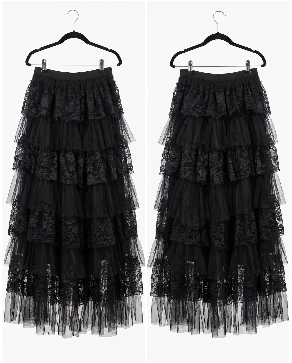 A black tiered tulle skirt with lace trim, shown from the front and back on black hangers against a white background.