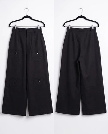 Heart-Pocket Wide-Leg Trousers – Black