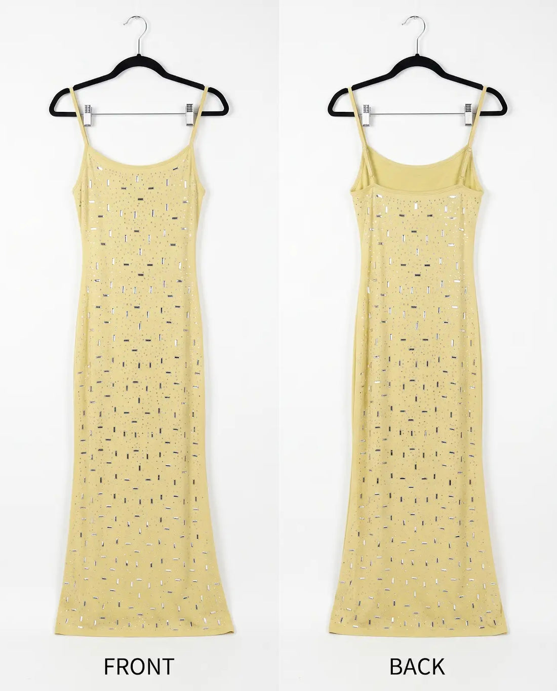A pale yellow sleeveless spaghetti-strap dress shown from both front and back on black hangers against a white background, with the word FRONT and BACK below each view.