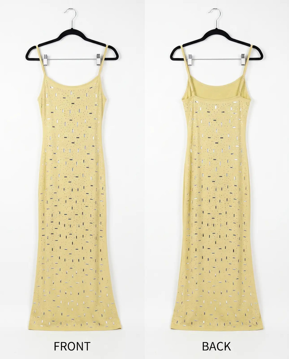 A pale yellow sleeveless spaghetti-strap dress shown from both front and back on black hangers against a white background, with the word FRONT and BACK below each view.