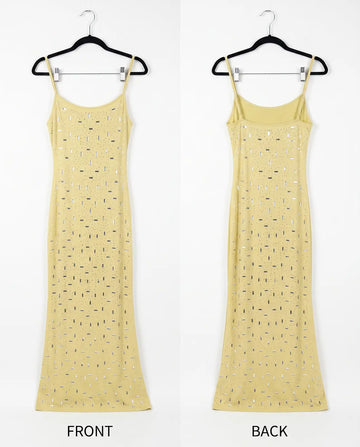 A pale yellow sleeveless spaghetti-strap dress shown from both front and back on black hangers against a white background, with the word FRONT and BACK below each view.