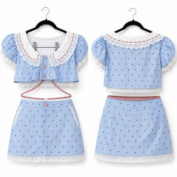 A two-piece girls' outfit set in light blue with white polka dots, featuring a short-sleeve top with white lace trim and a matching skirt, displayed on hangers against a white background.